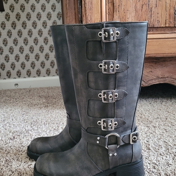 JustFab Dark Gray Combat Boots with Buckles - Picture 6 of 6